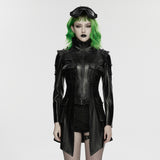 Lament Women's Gothic Faux Leather Coat with Chain Detail in Rubberized Knit Fabric, Metal Accessories in Black