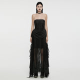 Tartarus Women's Gothic Strapless Embroidered Dress in Black