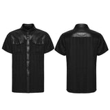 Renfield Men's Gothic Shirt with Faux Leather Yoke in Wrinkled Leatherette, Soft, Comfortable Plaid Fabric in Black