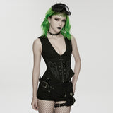 Mandrake Women's Gothic Zipped Top with Studs in Twill Woven Fabric in Black