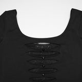 Widow Peak Women's Gothic T-shirt with Cut Outs in Soft Elastic Knit Fabric, Lace in Black
