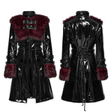 Crocket Women's Gothic Patent Faux Leather Coat with Faux Fur Trim in Black & Red