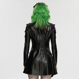 Lament Women's Gothic Faux Leather Coat with Chain Detail in Rubberized Knit Fabric, Metal Accessories in Black