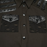 Last Rite Men's Gothic Shirt with Studded Shoulder in Coffee
