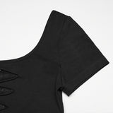 Widow Peak Women's Gothic T-shirt with Cut Outs in Soft Elastic Knit Fabric, Lace in Black