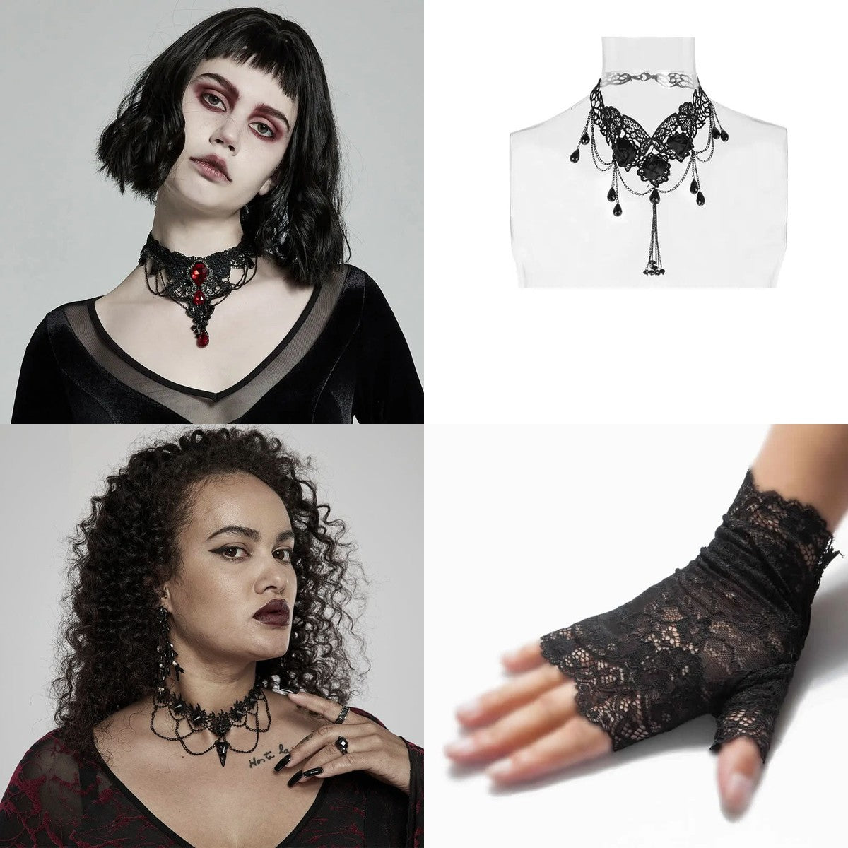 Punk Rave gothic accessory set: Bloody Valentine necklace, Dead Flowers necklace, Red Death choker and lace mittens