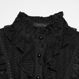 Carmilla Women's Gothic Shirt & Blouse with Ruffled Collar in Tattered Woven Fabric, Lace in Black