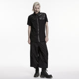 Renfield Men's Gothic Shirt with Faux Leather Yoke in Wrinkled Leatherette, Soft, Comfortable Plaid Fabric in Black