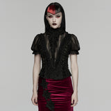 Carmilla Women's Gothic Shirt & Blouse with Ruffled Collar in Tattered Woven Fabric, Lace in Black