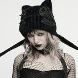 Jacquard Women's Punk Cat Ear Knit Beanie with Spikes in Black
