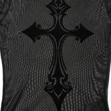 Gallows Gothic Sheer Mesh Velvet Cross Printed Top