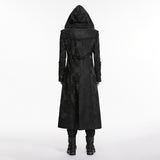 Post Mortem Men's Gothic Hooded Brocade Long Coat in Black