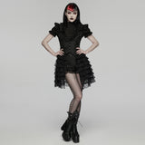 Vesper Women's Gothic Waistcoat with Ruffles in Jacquard Fabric, Lace in Black