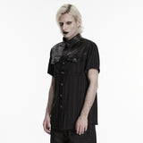 Renfield Men's Gothic Shirt with Faux Leather Yoke in Wrinkled Leatherette, Soft, Comfortable Plaid Fabric in Black