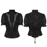 Carmilla Women's Gothic Shirt & Blouse with Ruffled Collar in Tattered Woven Fabric, Lace in Black