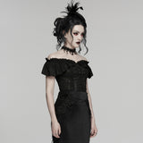 Cold Comfort Women's Gothic Top with Off-Shoulder Ruffle in Black