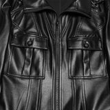 Lament Women's Gothic Faux Leather Coat with Chain Detail in Rubberized Knit Fabric, Metal Accessories in Black