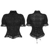 Tenebrae Women's Gothic Blouse with Lace Trim Sleeves in Textured Elastic Lace in Black
