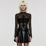 Gallows Gothic Sheer Mesh Velvet Cross Printed Top
