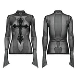 Gallows Gothic Sheer Mesh Velvet Cross Printed Top