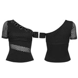Cenotaph Women's Gothic Top with Mesh in Elastic Icy Breathable Knit Fabric, Mesh in Black