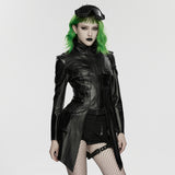 Lament Women's Gothic Faux Leather Coat with Chain Detail in Rubberized Knit Fabric, Metal Accessories in Black