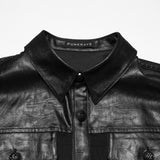 Renfield Men's Gothic Shirt with Faux Leather Yoke in Wrinkled Leatherette, Soft, Comfortable Plaid Fabric in Black