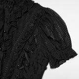 Carmilla Women's Gothic Shirt & Blouse with Ruffled Collar in Tattered Woven Fabric, Lace in Black