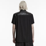 Renfield Men's Gothic Shirt with Faux Leather Yoke in Wrinkled Leatherette, Soft, Comfortable Plaid Fabric in Black