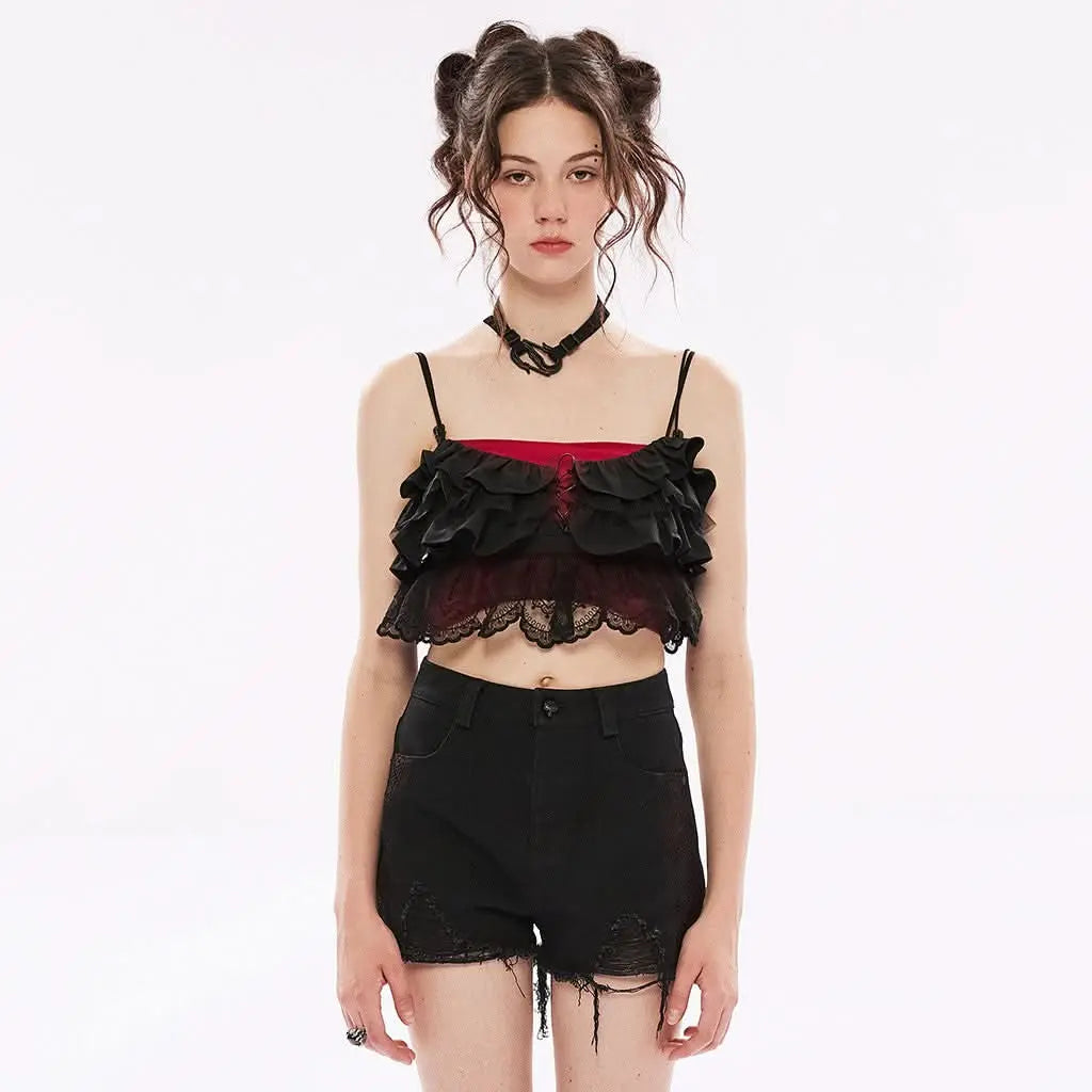 Diamond Goth Cropped Ruffled Top - Black - PunkRave