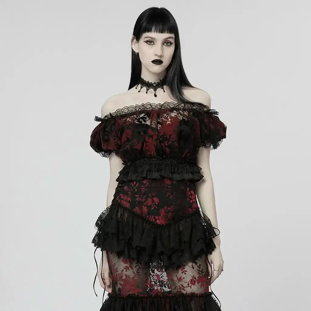 Lady Anne Lace Top With Bardot Neckline - Red and Black - PunkRave