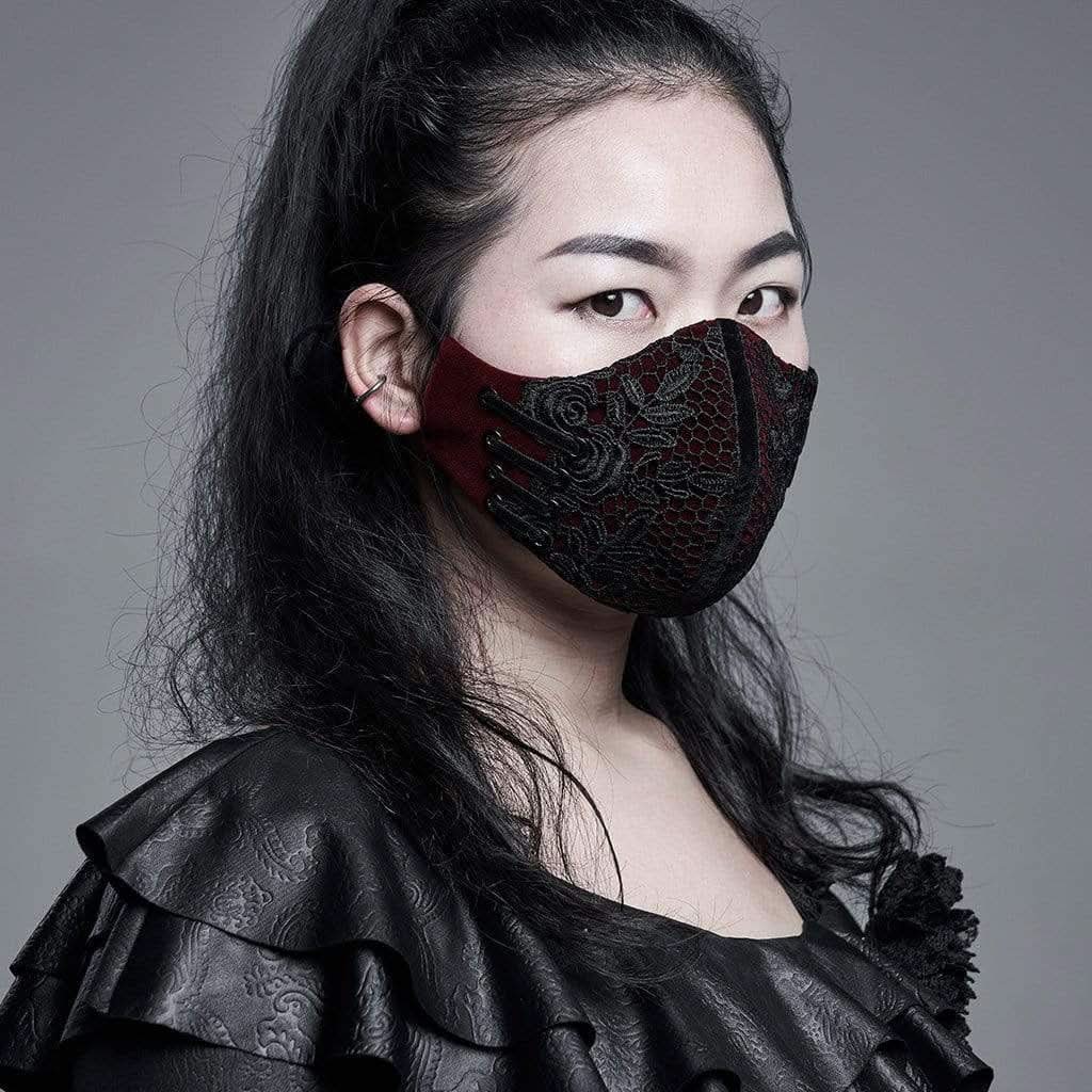 Melinda embroidered lace face mask (Red) - PunkRave
