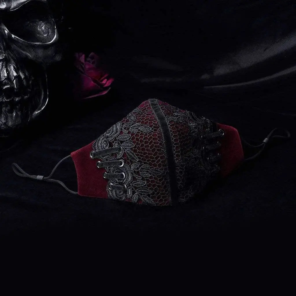 Melinda embroidered lace face mask (Red) - PunkRave