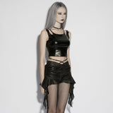 Black Ruched Satin Mini Skirt with Crossover Chain Belt and Chiffon Ruffle Hem