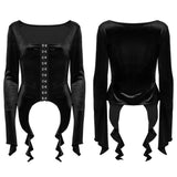 Sever Women's Gothic Velvet Hook-Front Long Sleeve Top in Black