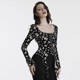Sever Women's Gothic Velvet Hook-Front Long Sleeve Top in Black