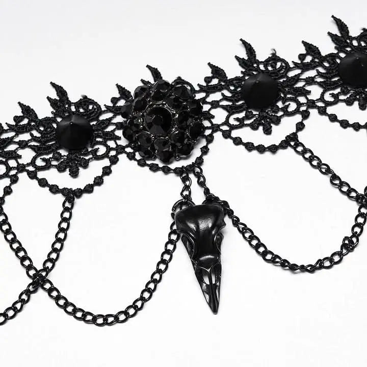 Red Death Floral Choker With Bird Skull Brooch - PunkRave