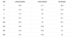 Size chart for Mordanthe trousers showing length, waist, and hip measurements in inches for various sizes.