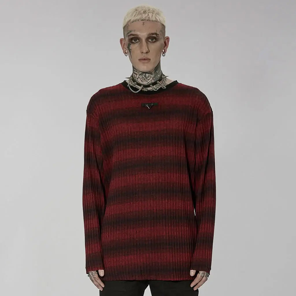 Sludge Grunge Striped Tee - Black Red - PunkRave