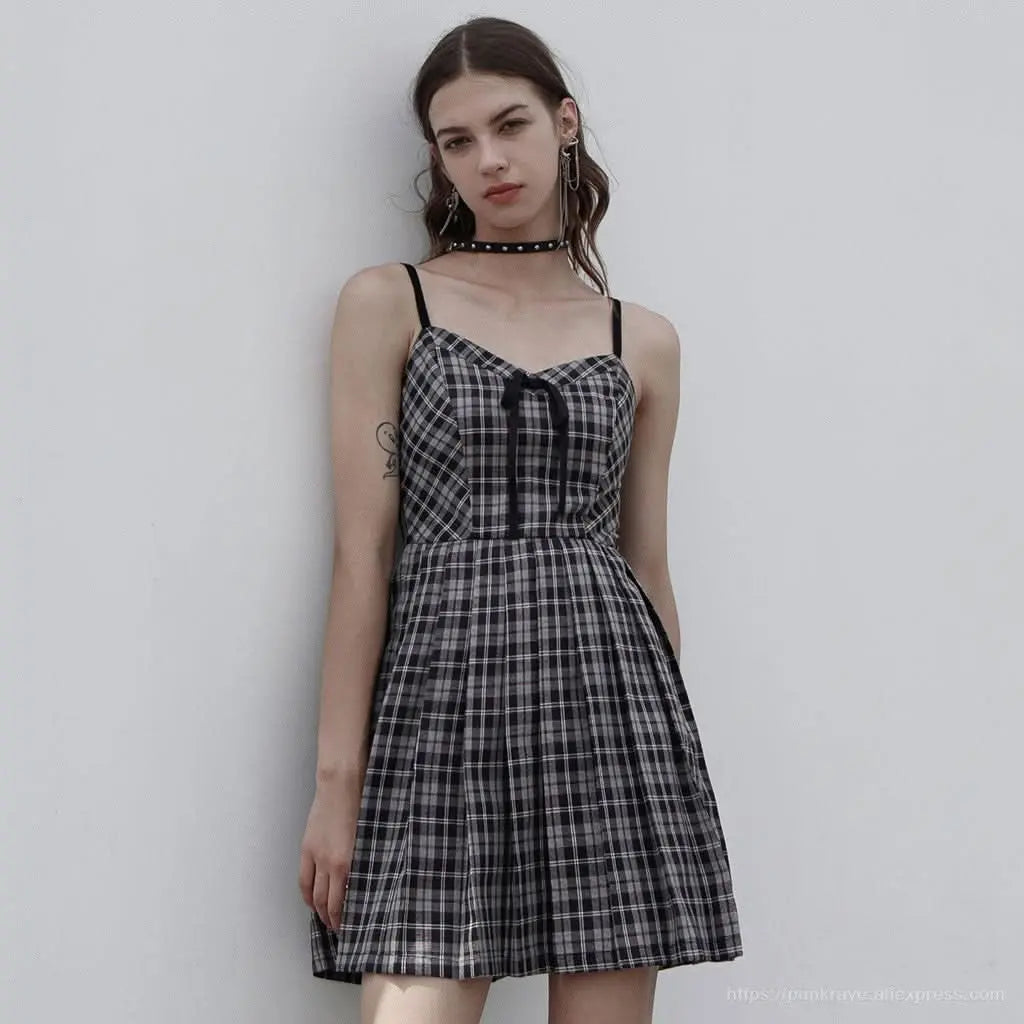 Stellaluna Plaid Sling Dress (Black White) - PunkRave