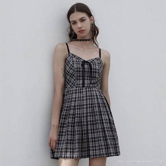 Stellaluna Plaid Sling Dress (Black White) - PunkRave
