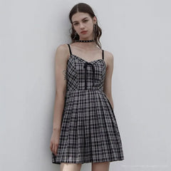 Stellaluna Plaid Sling Dress (Black White) - PunkRave