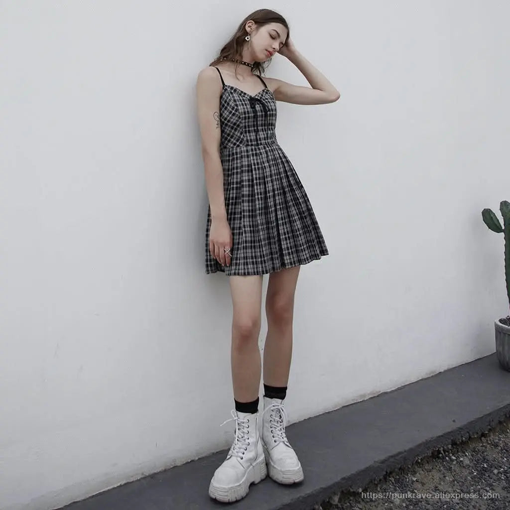 Stellaluna Plaid Sling Dress (Black White) - PunkRave