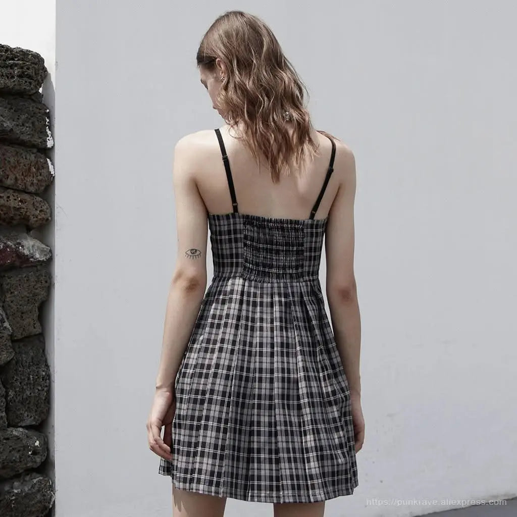 Stellaluna Plaid Sling Dress (Black White) - PunkRave