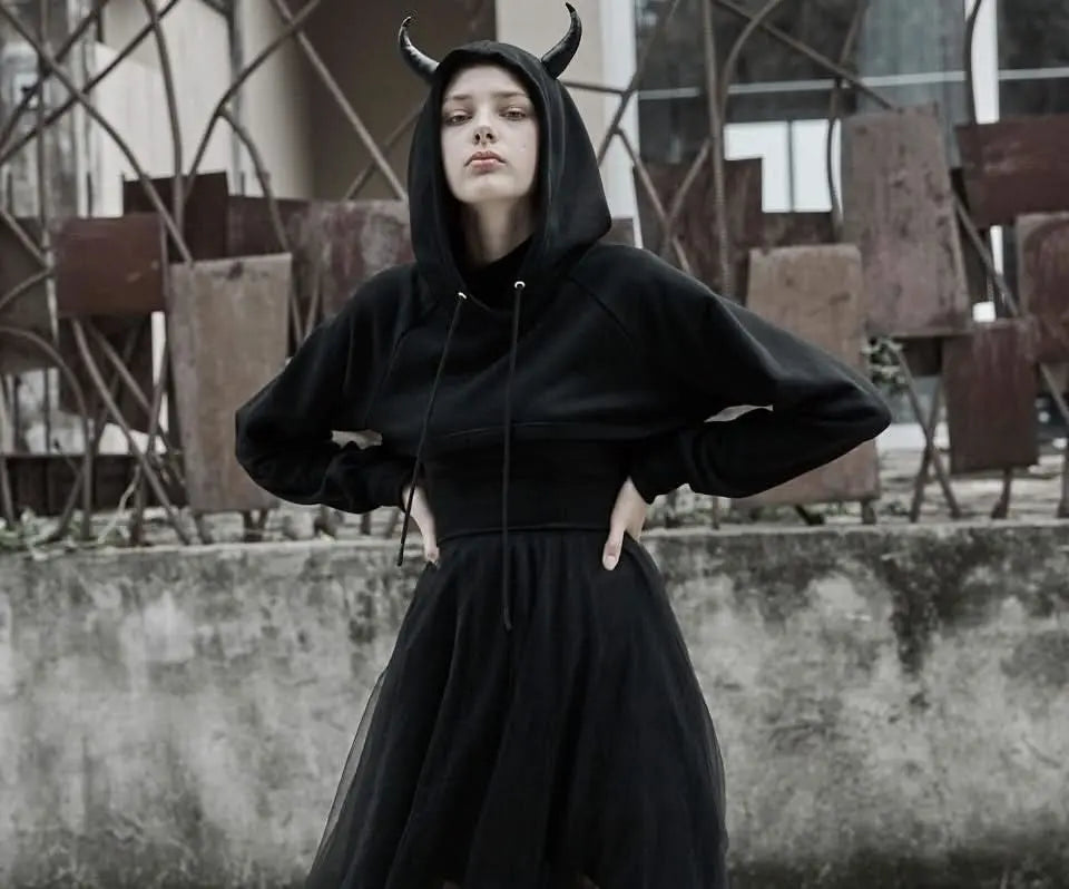 The Infernal One Crop Top With Hood - PunkRave