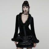 Gothic Jacket Black Velvet Fur Trim Bell Sleeves Top