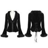 Gothic Jacket Black Velvet Fur Trim Bell Sleeves Top