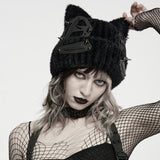 Jacquard Women's Punk Cat Ear Knit Beanie with Spikes in Black