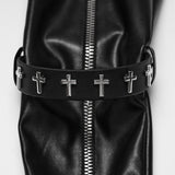 Martyr Women's Gothic Cross Studded Faux Leather Long Gloves in Black