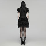 Vesper Women's Gothic Waistcoat with Ruffles in Jacquard Fabric, Lace in Black